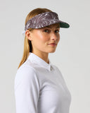 Daily Sports Women's Grey and White Zebra Swirl Print Golf Visor with Adjustable Elastic Strap and Green Underside – Side View

