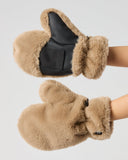 Daily Sports Fur Bark Hand Warmers in camel bark faux fur – women's golf mittens showing plush faux fur exterior with black textured grip palm and logo pin, both sides view