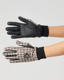 Daily Sports Ella Printed Bark Gloves with Logo in brown and white houndstooth check print – women's golf gloves showing printed back with circular logo patch and black leather palm, both sides view