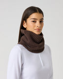 Daily Sports Hudson Brownie Neck Warmer in cdark brown – women's ribbed knit golf neck warmer snood styled over white zip-neck base layer, side view