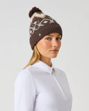 Daily Sports Brownie Jacquard Knit Hat in dark brown with cream Nordic jacquard pattern and pom-pom – women's ribbed golf beanie with logo pin, side view