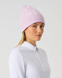 Daily Sports Cable Knit Hat in pink– women's chunky cable-knit golf beanie with ribbed cuff and silver logo pin, side view