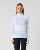 Women's light blue stripe print long sleeve golf top with half zip and stand-up collar – front view
