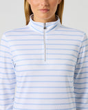 Close-up of women's light blue stripe print half zip golf top with branded zipper pull and stand-up collar
