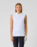 Daily Sports Light Blue Stripe Print Sleeveless Polo in white with powder blue horizontal stripes – women's sleeveless golf polo with classic collar and hidden zip placket, front view on model