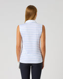 Daily Sports Light Blue Stripe Print Sleeveless Polo in white with powder blue horizontal stripes – women's sleeveless golf polo showing clean back panel and tailored fit, back view on model