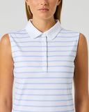 Daily Sports Light Blue Stripe Print Sleeveless Polo close-up of white and powder blue horizontal stripe pattern with classic polo collar and hidden zip placket detai