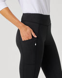 Black high-waisted athletic leggings with a side zippered pocket, shown on a model wearing a white long-sleeve top against a light gray background.
