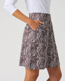 Daily Sports Dull Zebra Printed Skort close-up of muted brown and white abstract zebra swirl print with angled side pocket and high elasticated waistband detail, side view