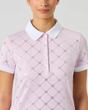 Daily Sports Light Pink Short Sleeve Golf Polo – Silver Foil Diamond Heart Logo Print, White Polo Collar, Button Placket and White Ribbed Cuffs Detail

