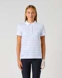 Daily Sports Light Blue Stripe Print Polo in white with powder blue horizontal stripes – women's short sleeve golf polo with classic collar and hidden zip placket, front view on model