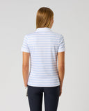 Daily Sports Light Blue Stripe Print Polo in white with powder blue horizontal stripes – women's short sleeve golf polo showing clean back panel and tailored fit, back view on model