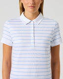 Daily Sports Light Blue Stripe Print Polo close-up of white and powder blue horizontal stripe pattern with classic polo collar and hidden zip placket detail