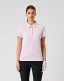 Daily Sports Pink Piping Short Sleeve Polo close-up of pink fabric with white contrast shoulder and side piping trim, classic polo collar and white pearl button placket detail