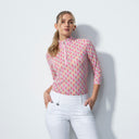 DS Digne Pink Geometric Print 3/4 Sleeve Mesh Polo Shirt