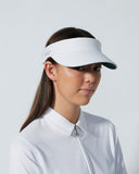 Woman wearing a white visor and white shirt against a gray background