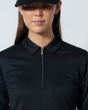 Woman wearing a black long-sleeve shirt with a zipper on a plain background