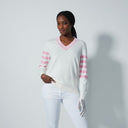 DS Arracas White V-Neck Sweater with Pink Stripes