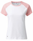 White t-shirt with pink sleeves on a white background