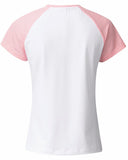 White t-shirt with pink sleeves on a white background