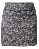 Patterned skirt with black, white, and red design on a white background