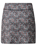 Patterned skirt with black, white, and red design on a white background