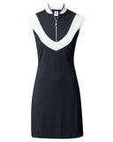 Navy dress with white accents on a white background