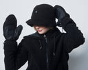 Person wearing a black winter outfit with a hat, gloves, and coat on a white background