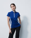 Person wearing a blue athletic shirt with a white zipper on a light gray background