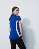 Woman wearing a blue shirt with a white stripe on a plain background