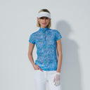 DS Breeze Water Bloom Blue Print Cap Sleeve Mesh Polo Shirt