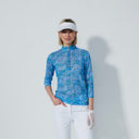 DS Breeze Water Bloom Blue Print 3/4 Sleeve Mesh Polo Shirt