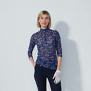 DS Breeze Dot Argyle Navy Pink Print 3/4 Sleeve Mesh Polo Shirt